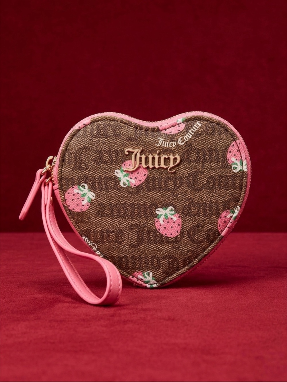 Juicy Couture🍓Brown & Pink Strawberry Heart Wristlet